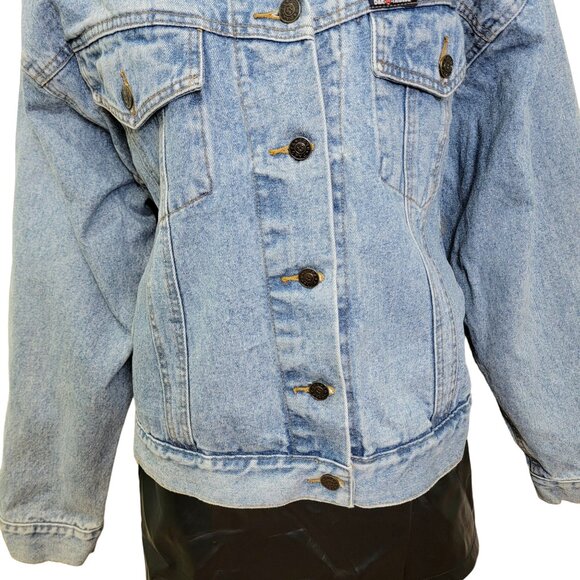 Vintage 90s Denim Jacket Women Medium Wash Dakota Blue Jean Black Coat 10 8 Fall - Picture 16 of 16